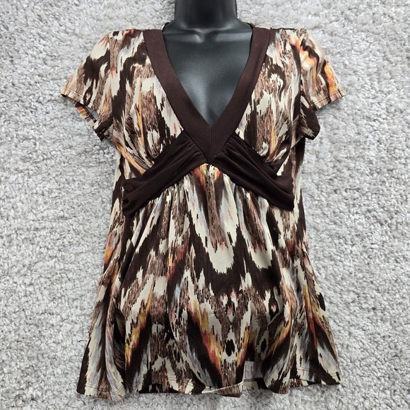 Babydoll Blouse Womens Large Brown Patterned V-Neck Empire Top‎ Cowgirl Y2K Boho - Picture 1 of 9